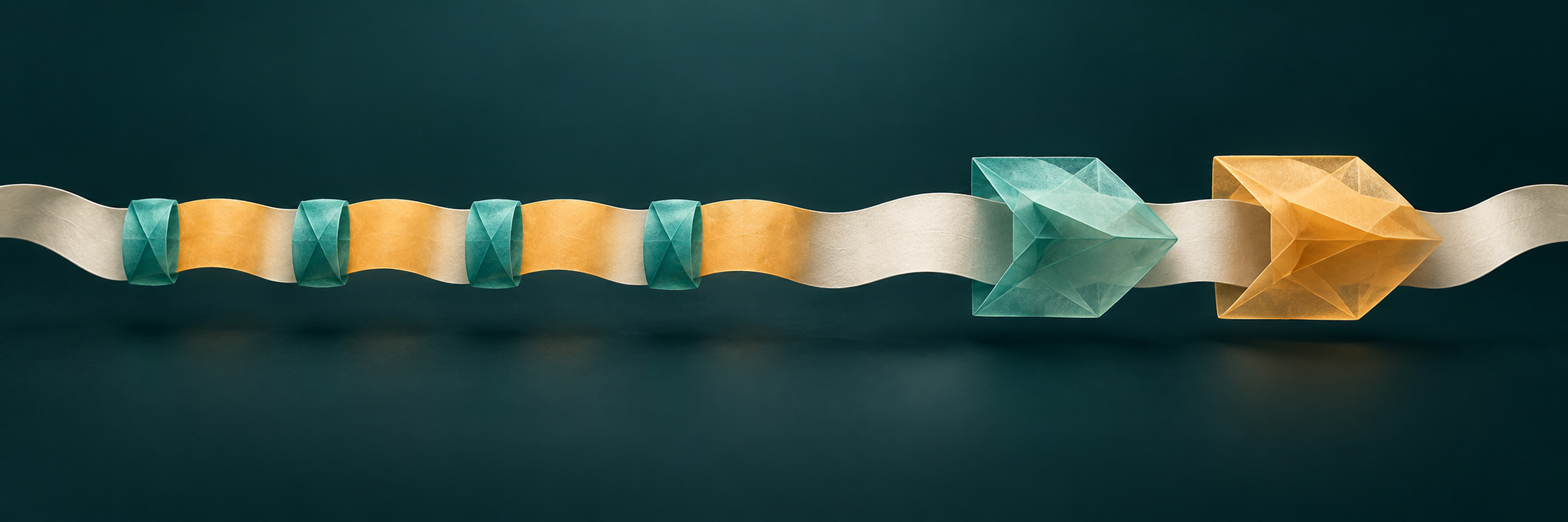 A sculptural genomic ribbon carries repeating teal units and amber spacers, followed by two abstract directional gene markers.