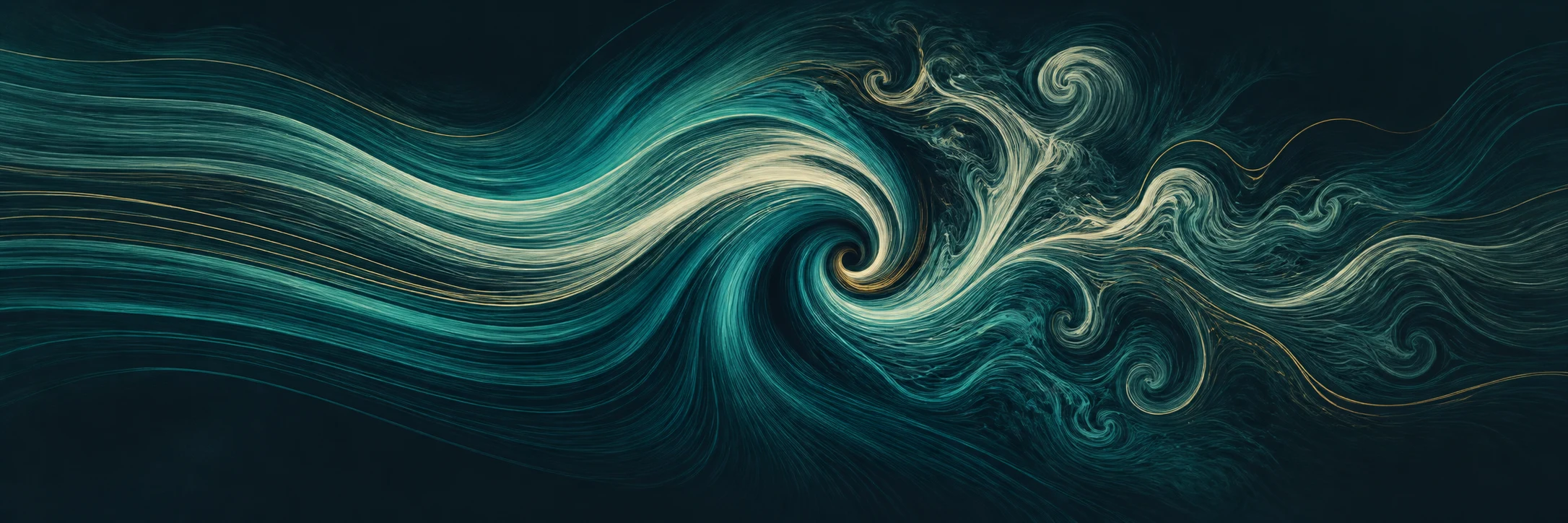 Teal and ivory streamlines sweep across a dark field and curl into concentrated eddies.