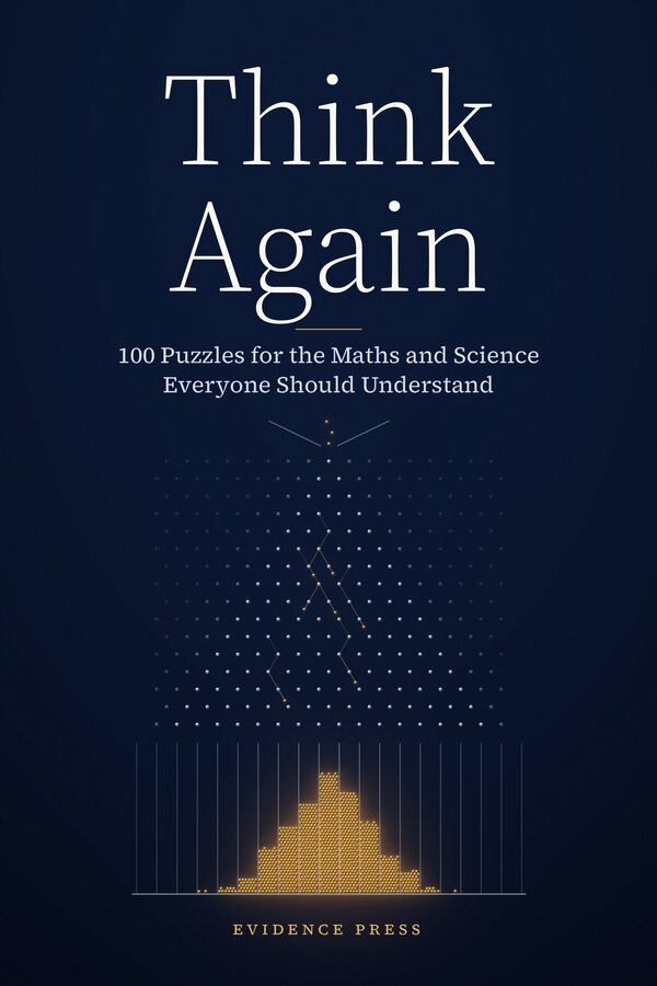 Cover of Think Again: the title in large white serif type on dark blue, above a pegboard of grey dots through which gold balls fall into a bell-shaped pile