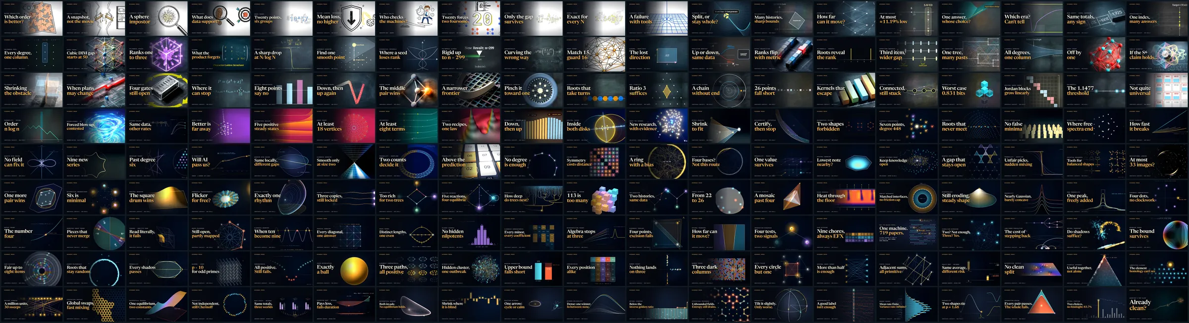 A mosaic of 171 film thumbnails in a 19 by 9 grid, each with a bold short title over a mathematical image.