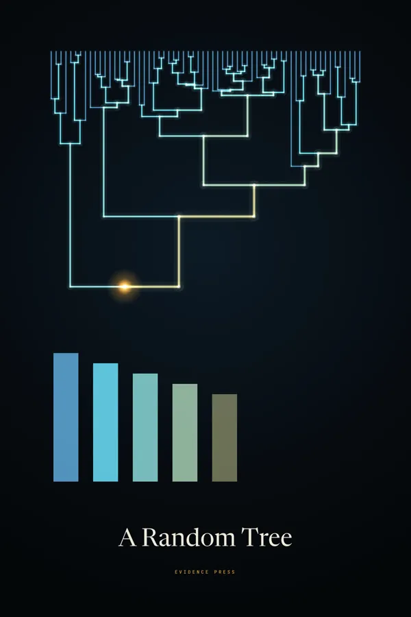 A Random Tree poster: a branching river-like tree above a bar chart of branch counts by order