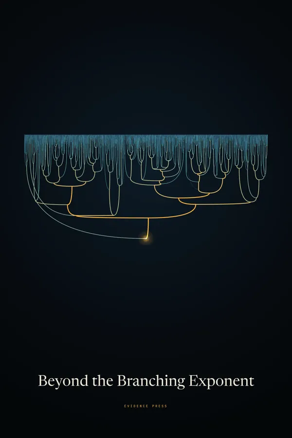 Beyond the Branching Exponent poster: a random tree branching down from a dense teal fringe, one path traced in gold
