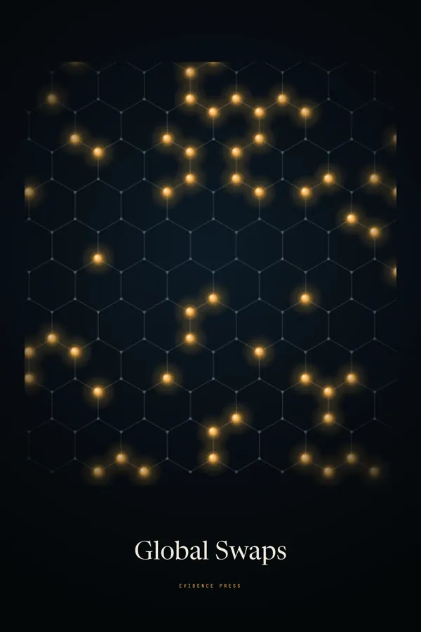 Global Swaps poster: golden particles scattered across a faint hexagonal lattice