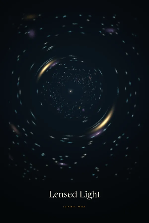 Lensed Light poster: faint galaxies around an unseen mass, two stretched into bright arcs
