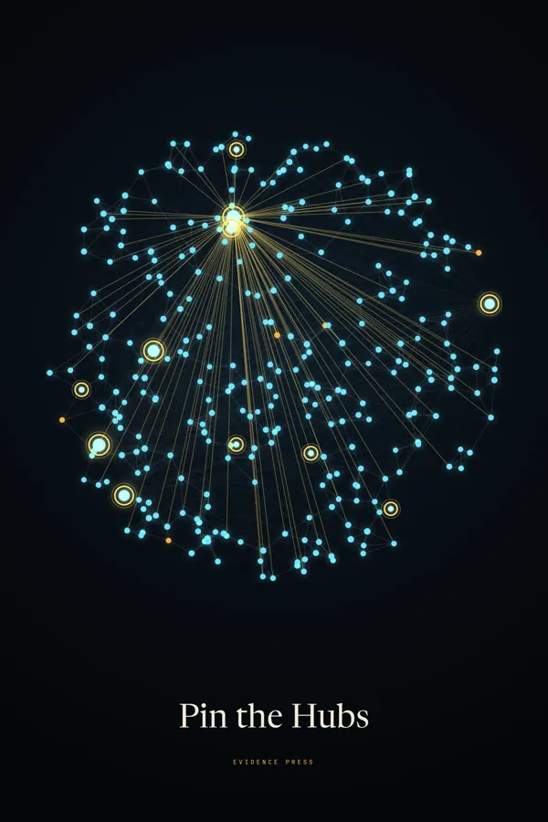 Pin the Hubs poster: a cloud of glowing blue nodes with a few gold hubs radiating links